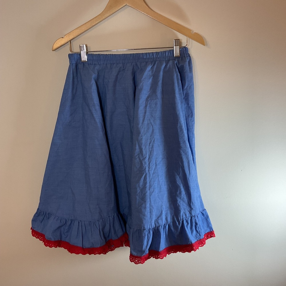 Handmade Blue Chambray Ruffle Skirt Red Lace Trim Cottagecore Midi Small